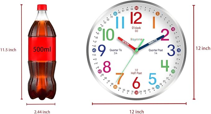 Roymnie Wall Clock 12" for Kids Learning Battery Operated Teaching Silent - Image 4