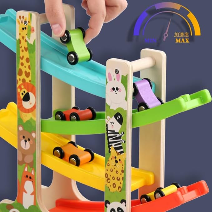Wooden Car Ramp Toy for 1 2 3 Year Old Boys and Girls 4 Level Toddler Race Track with 8 Mini Cars Garage - Montessori Toys for 1-3 Year Old Christmas Birthday Gifts