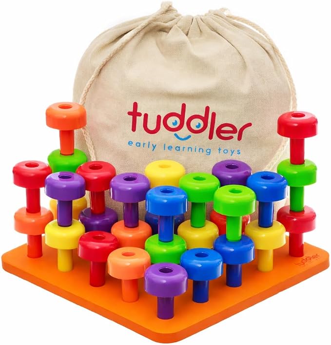 Toddler Peg Board Sensory Montessori Fine Motor Skills Educational Toys - 30 Stackable Pegs + Pattern Card + Drawstring Backpack + E-Book (Orange) by Tuddler