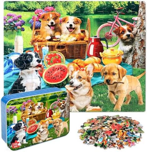 LELEMON Puzzles for Kids Ages 4-6,Dogs 100 Piece Puzzles for Kids Ages 4-8 in a Metal Box,Educational Jigsaw Puzzles 100 Piece Puzzle Games Puzzle Toys for Girls and Boys by LELEMON
