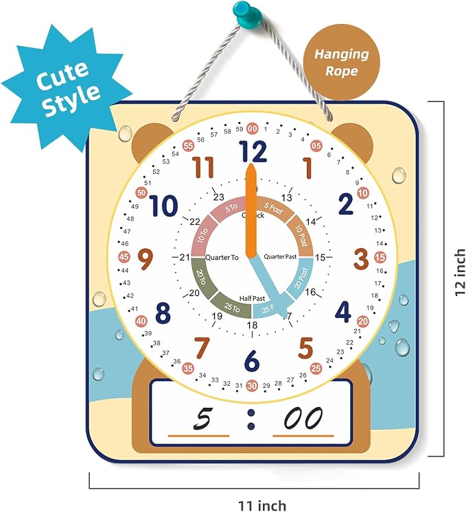 ANCOMEDO Large 12" Magnetic Writable Dry Erase Teaching Clock with Cute Style, Teaching Demonstration Clock for Kids Learning Practice Time for Home School Classroom Supplies (12" x11"-Beige) - Image 5