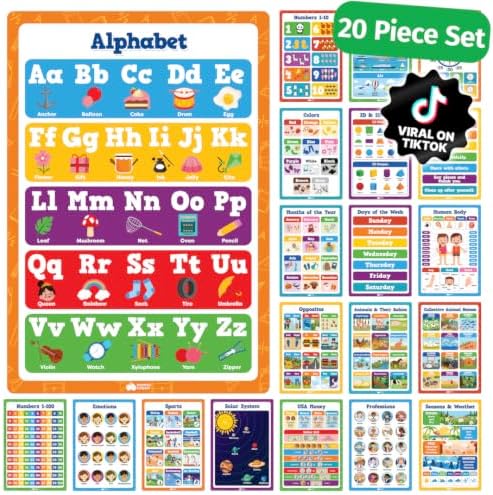 Educational Learning Posters for Toddlers 1-3 - 20pc Classroom Toddler Learning Posters - 16” x 11” Classroom Decor, Back to School Teacher Supplies - Kindergarten Preschool Classroom Must Haves by MomoNashi