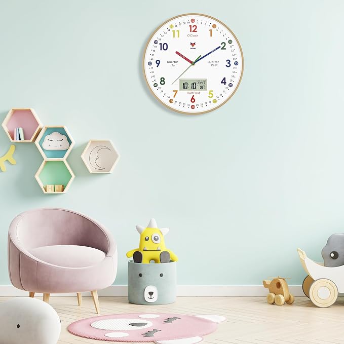 Foxtop Digital and Analog Learning Clock for Kids - Telling Time Teaching Clock 12 Inch Silent Non-Ticking Battery Operated Kids Wall Clock for Playroom Nursery Classroom School - Image 3
