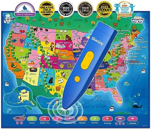 Qiaojoy Bilingual Interactive for Kids Talking USA Map for Kids Learning, Geography Toys Games Educational Electronic Map Christmas Personalized Gift/Toys for 4 5 6 7 8 9 10 Year Old Girls/Boys by Qiaojoy