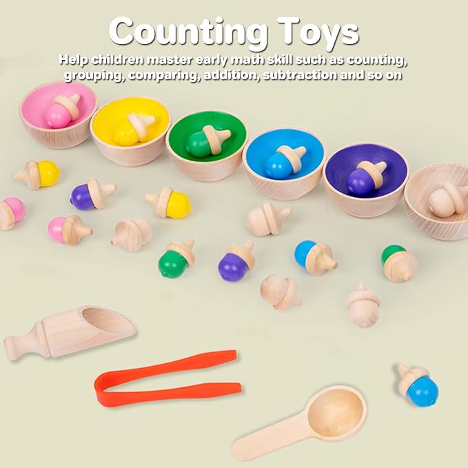 Wooden Color Sorting Toys for Toddlers - Montessori Counting Game with 6 Bowls & 20 Weighted Acorns - DIY Unpainted Pieces - Premium Educational Set with Tweezers, Spoon, Scoop & Bag - Kids 3+ - Image 3