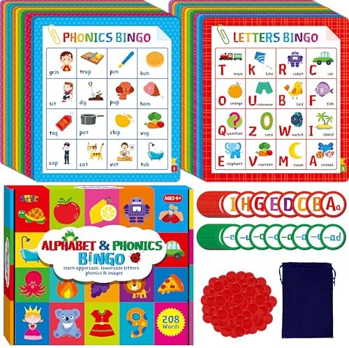 Alphabet & Phonics Bingo Game, 12 Bingo Boards ABC Letters, CVC Blends Words Phonetic Game, Letters Phonetic Awareness Early Educational Learning Toys - Ages 4 and up, Perfect for Classroom & At Home by SpriteGru