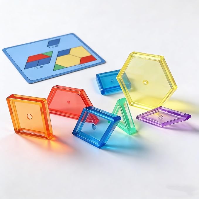 140PCS Translucent Pattern Blocks Set with Activity Game Cards, Geometric Shapes, Light Table Accessories, Math Manipulatives STEM Educational Toy for Kids - Image 3