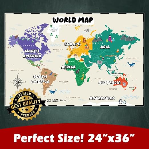 Large 24" x 36" Illustrated World Map & USA Map for Kids – Laminated Write-On Wipe-Off Educational Wall Maps for Classroom & Homeschool – Made in USA – by 42 Curiosity - Image 4