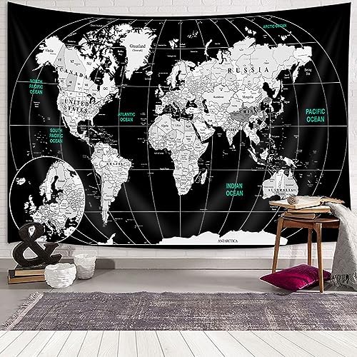 World Map Wall Tapestry for Kids, Educational with Countries, Cities, Topography - Asia, Europe, America, Africa, Japan - 60x40 Inch (Black) by JAWO