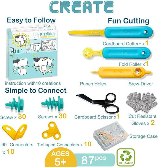 Cardboard Tools for Kids with Cutter &Tool Box, 87 PCS Cardboard Construction Kit for Family & Team Activities, Creative STEM Educational Toys Gift for Boys and Girls Aged 5+
