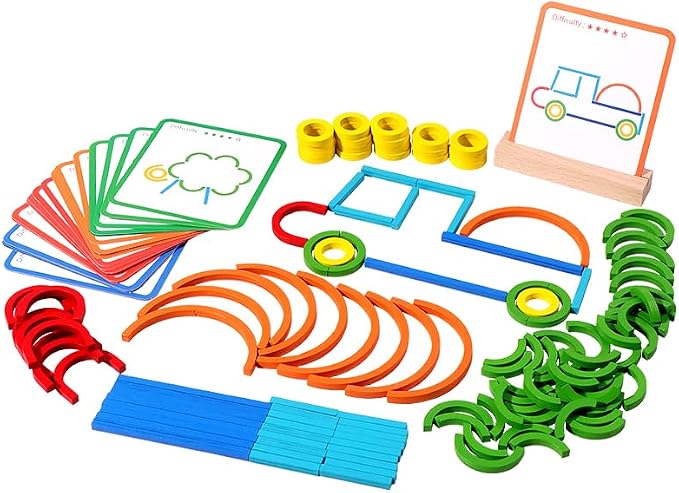 Practical Life/Sensorial Sticks & Rings Shape/Letter Puzzle Construction Set Card Pattern Matching Blocks Logical Educational STEM Classroom Family Game Toy Boy Girl 3-8 Years Gift by EduLandMontessori