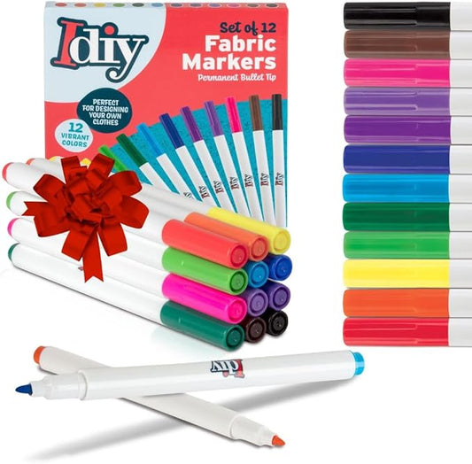 Fabric Markers Set of 12 Permanent Paint Pens- Fine Bullet Tip for DIY Xmas Ornaments, Decorations, Clothes, Shoes, Bags- Non-Toxic Stocking Stuffers for Kids, Artists, Holiday Arts & Crafts Supplies
