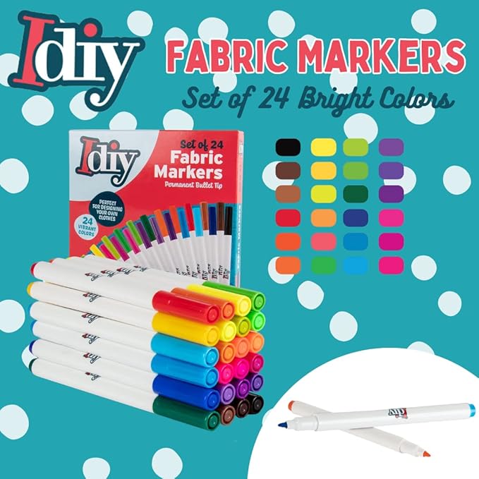 Fabric Markers (24 Colors) Permanent Coloring DIY Paint Pens-Art Paint Pens Kit w/Fine Bullet Tip for Clothes & Fabric-Fade Proof & No Bleed, Child Safe, Non-Toxic, Arts & Crafts Summer Camp Activity