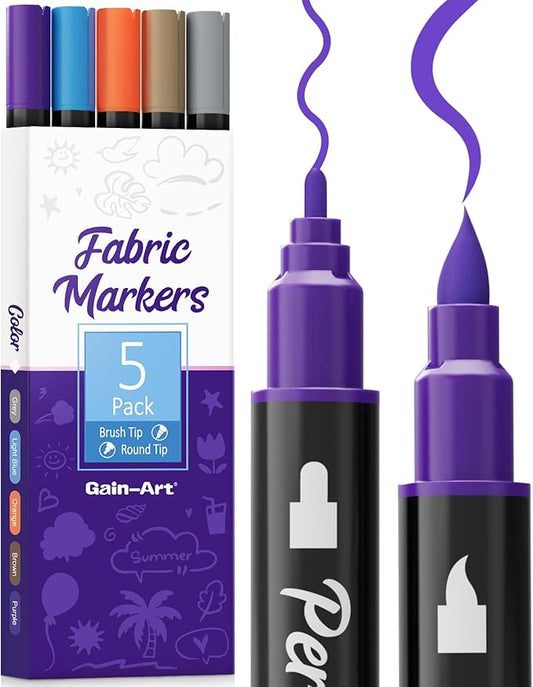 Dual-Tip Fabric Markers Permanent for Clothes No Bleed, Quick Dry & Non-Toxic Fabric Paint Pens Set for Canvas, T-Shirts, Bags, Textile, 5 Pack