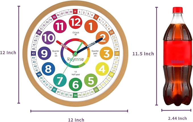 Roymnie 12" Wall Clock for Kids Learning Battery Operated Teaching Silent - Image 2