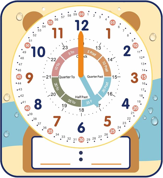 ANCOMEDO Large 12" Magnetic Writable Dry Erase Teaching Clock with Cute Style, Teaching Demonstration Clock for Kids Learning Practice Time for Home School Classroom Supplies (12" x11"-Beige) by ANCOMEDO