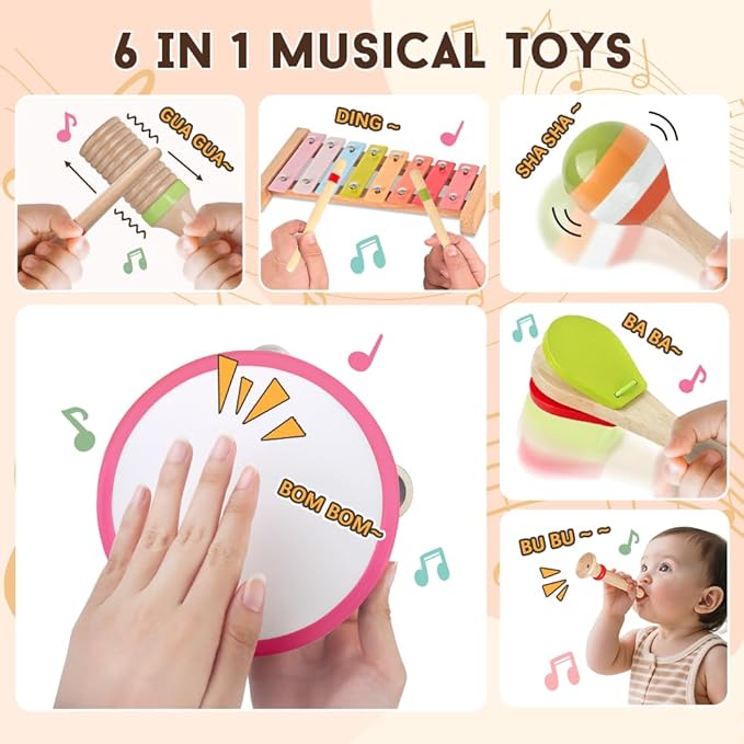 Toddlers Musical Instruments for 1 2 3 Year Old Girls,Baby Montessori Wooden Musical Toys for Toddlers 1-3 Year Old,Kids Musical Toy for Preschool,Christmas Birthday Gift for Baby Girls (Pink 6 in 1)