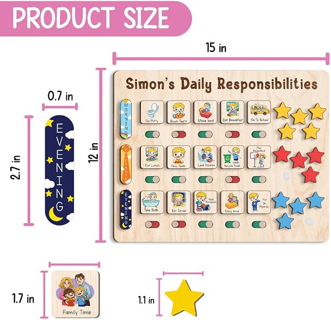 Wooden Chore Chart for Kids Visual Schedule, Routine Chart for Kids, Morning Bedtime Routine Chart for Toddlers Ages 2-4, Daily Kids Schedule Board for Home (18) - Image 2