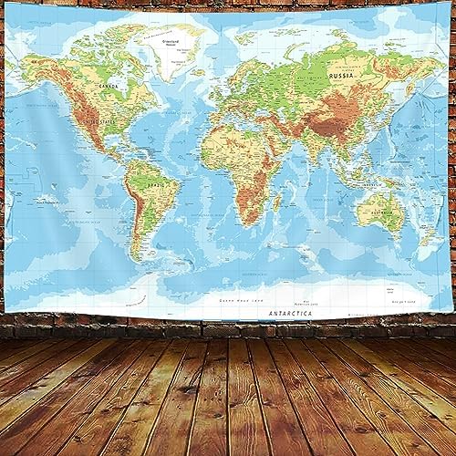 World Map Tapestry for Kids Student, World Map with Countries and Major Cities Tapestries Educational Asia Europe South City Topography America Africa Japan Wall Tapestry 40X30 Inch(Blue) - Image 2