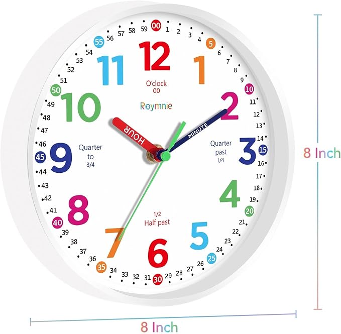 Roymnie Wall Clock for Kids Learning Battery Operated Teaching 8" - Image 9