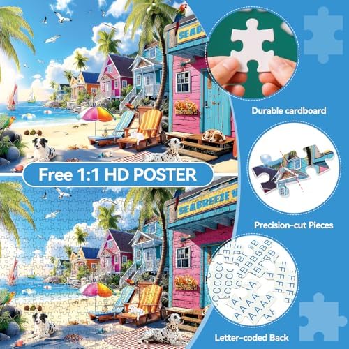 300 Piece Puzzles for Adults, 300 Piece Puzzles for Adults Large Piece, Summer Beach Dogs Trees Jigsaw Puzzle, Funny Gift for Adult Kids Senior Challenging Family Games Toy, 20.5 X 15 in - Image 3