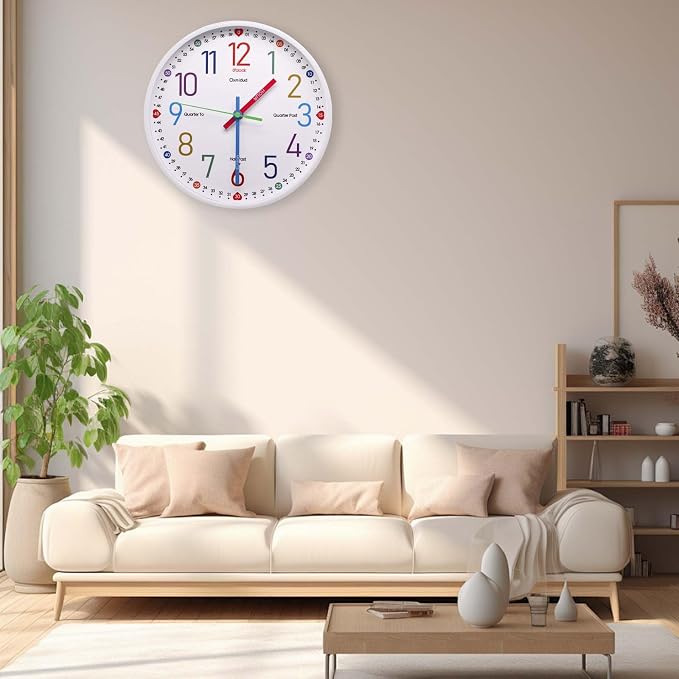 Learning Clock for Kids,10'' Silent Non-Ticking Teaching to Tell Time Colorful Wall Clocks for Children's Room Bedroom Classroom Home Decor, Gifts for Christmas Birthday (White) - Image 4