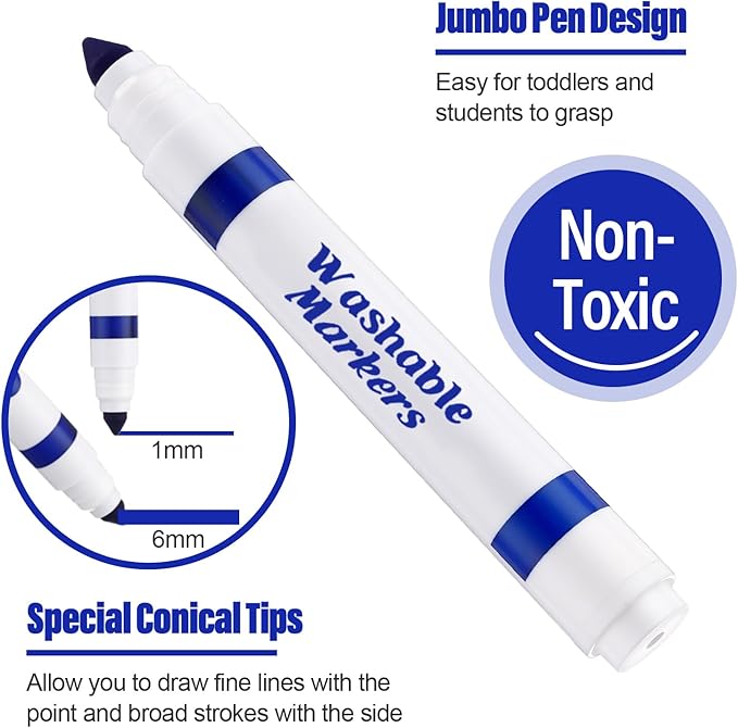Janlaugh 36 Pcs Blue Washable Markers Bulk Coloring Broad Line Markers for Kids Blue Conical Tip Drawing Pen for Christmas,School Supplies, Travel Art Baby Shower Gender Reveal Party Supplies, Ages 6+