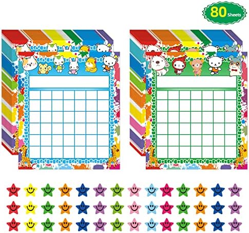 REGELETO 80 Pack Classroom Incentive Chart for 2 Designs with 2400 Pieces Colorful Star Stickers for Students Classroom Teaching or Family Using by REGELETO