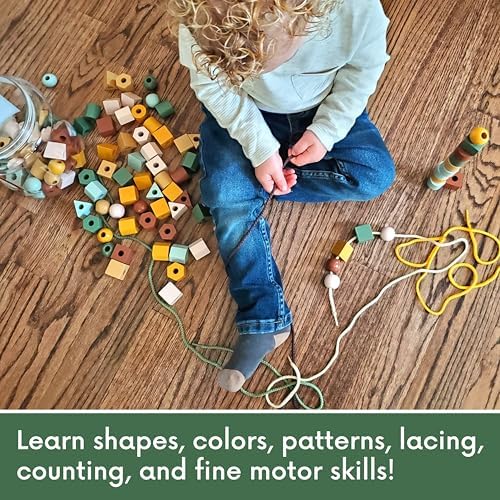 Blu Jay Wooden Lacing Beads & Strings 125 Pieces, Fine Motor Skills Toys for 3 Year Old, Fine Motor Toys, Toy Lacing Beads for Toddlers - Boho Colors - Image 2