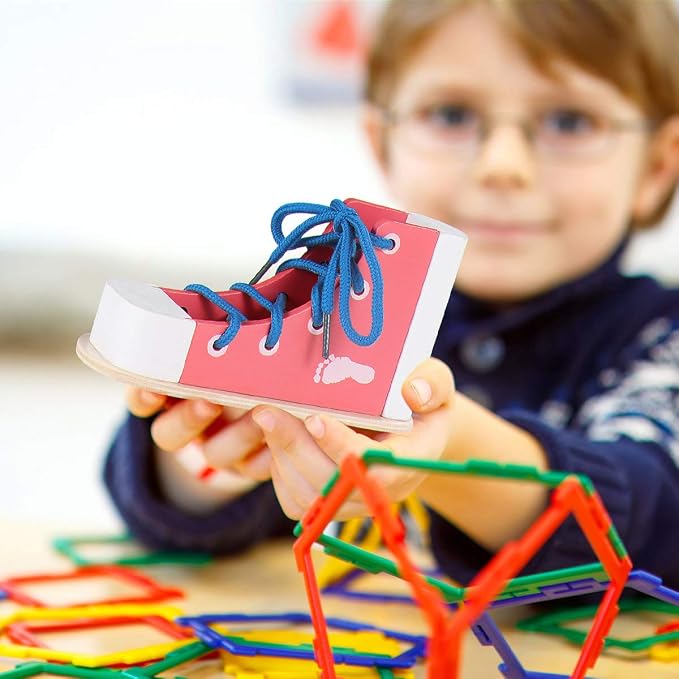 NUOBESTY Shoe Tie Practice for Kids Learn to Tie Shoes Wooden Lacing Toy Shoelaces Tying Teaching Prop Montessori Early Education Toy Pink - Image 2