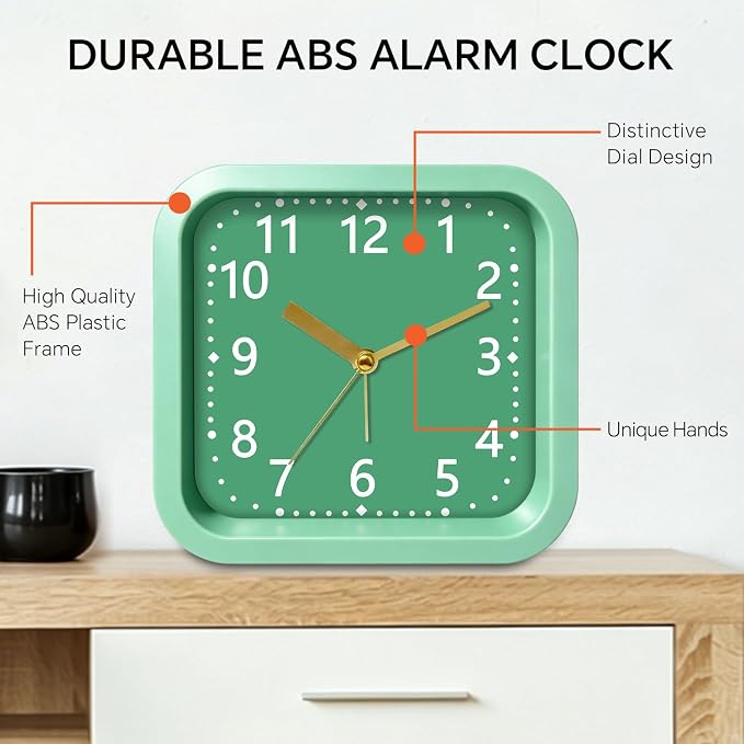 Simple Analog Loud Alarm Clock for Heavy Sleepers, 4.5" Square Plastic Silent Battery Operated Alarm Clocks with Easy Read Dial, Desk Clock for Bedroom Adults Seniors College Students, Green - Image 5