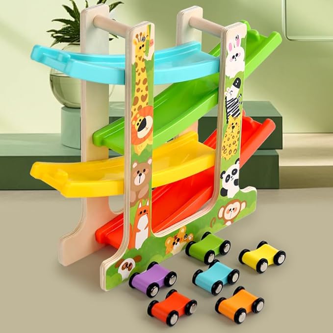 Wooden Car Ramp Toy for 1 2 3 Year Old Boys and Girls 4 Level Toddler Race Track with 8 Mini Cars Garage - Montessori Toys for 1-3 Year Old Christmas Birthday Gifts