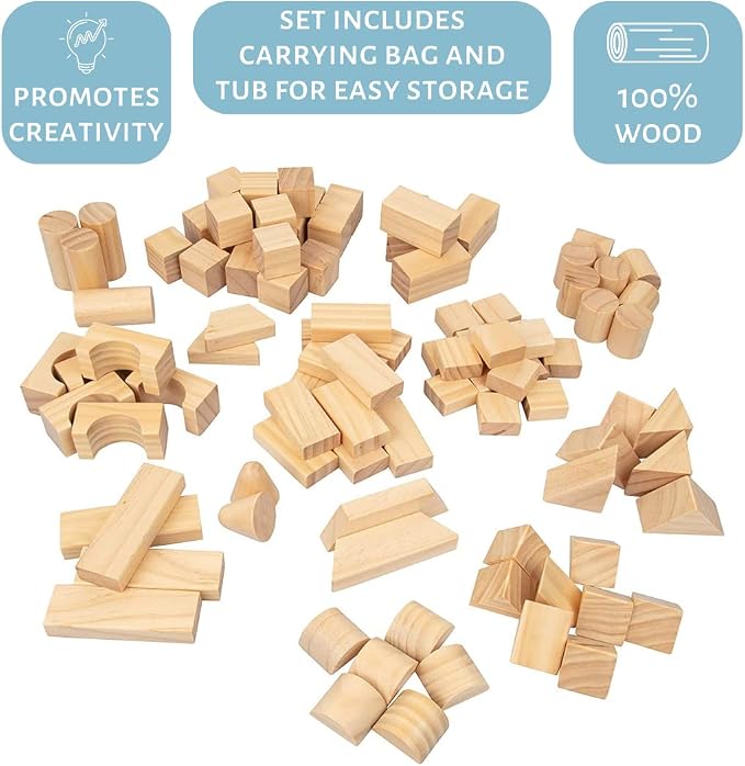 Wooden Blocks Set - 100 Pc Natural Colored Wood Building Block Toys- 100% Real Wood, 14 Different Shapes, Great Gift for Kids or School Project, Hands On Indoor Activity Play- Build, Stack and Create - Image 3