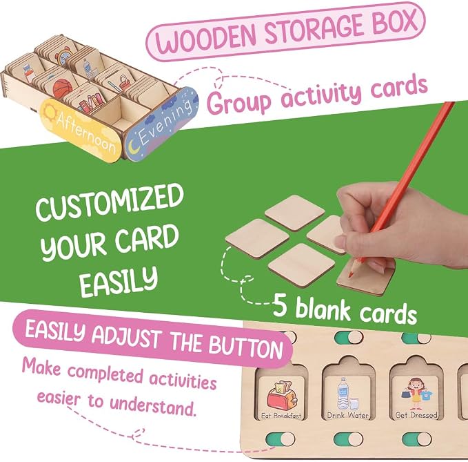 Wooden Chore Chart for Kids Visual Schedule, Routine Chart for Kids, Morning Bedtime Routine Chart for Toddlers Ages 2-4, Daily Kids Schedule Board for Home (02) - Image 7