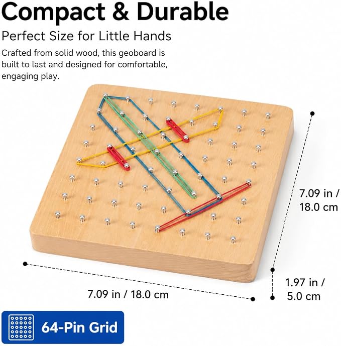 predolo 1 Piece Sensory Toys Geometric Shapes Wooden Math Development Early Learning Manipulatives Pattern Making Suitable for Preschool Classroom 18x18x3.5cm, Large Geoboard (64 pegs) - Image 7