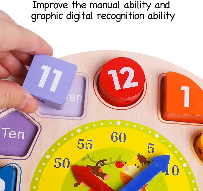 Wooden Sorting Clock Toy for Kids 3-5 Years Old, Montessori Shape Color & Animal Puzzle, Educational Learning Gift for Teaching Time, Numbers, and Fine Motor Skills - Image 4