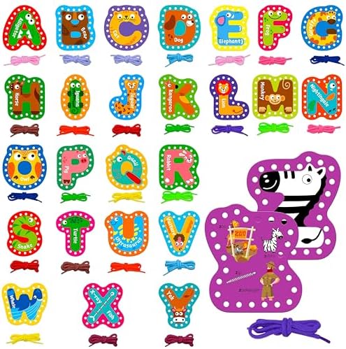 SpriteGru 26PCS Kids Lacing Cards, 26 Double Sided Uppercase Sewing Cards with 26 Colorful Laces, Imagination Development Lacing Toys Games for Children Educational and Learning Activity by SpriteGru