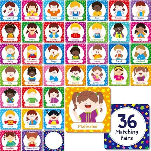 Hebayy 72 PCS Emotions Matching Game, 36 Pairs Feelings Memory Matching Cards Emotional Learning Activities Calm Down Corner Supplies for Baby Toddler Pre-K Preschool Kindergarten Autism ADHD by Stickyourhappymoment