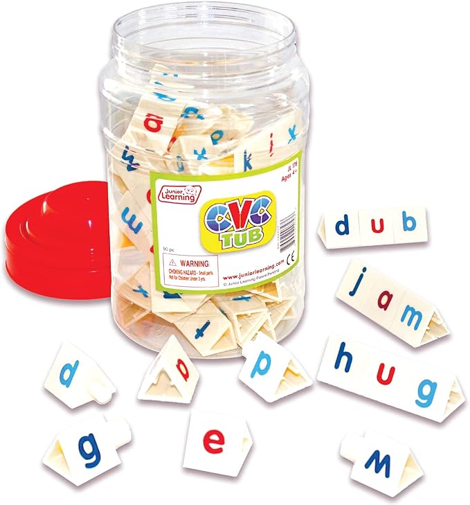 Junior Learning CVC Tri-Blocks Tub, 90 Blocks, Ages 4-5, Phonemic Awareness, Pre K-1, White by JuniorLearning
