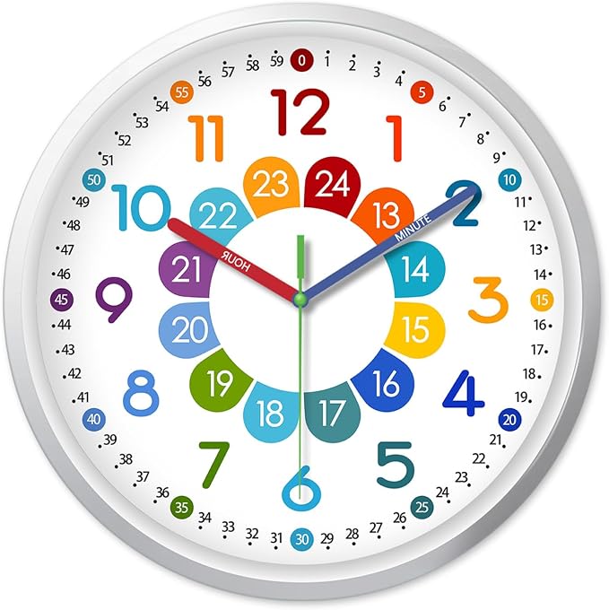 Learning Wall Clock for Kids 8 Inch for Classroom Bedroom Nursery Playroom by XFMWallClock