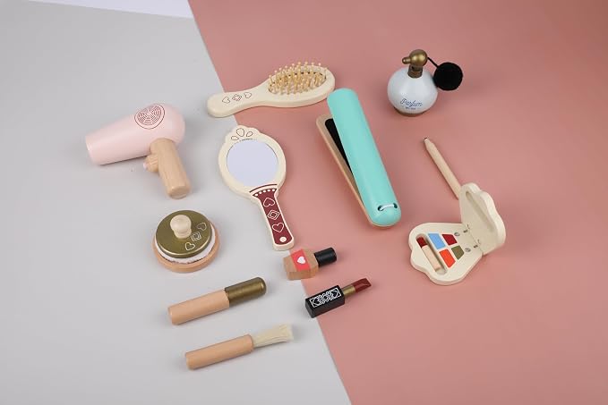Practical Life Care of Self Wooden Makeup Toy Set 12-Piece Girls Imaginative Dress up Pretend Play Beauty Bag Makeup Set Toy for Girls Birthday Gift Ages 3 4 5 6 7 8+ Years Old - Image 6