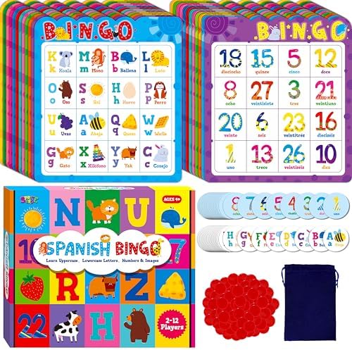 SpriteGru Spanish Bingo Game, 12 Bingo Board Spanish Letters, Numbers & Words Vocabulary Game, Early Educational Toys for Learning - Ages 4 and up, Perfect for Classroom & at Home (Up to 12 Players) by SpriteGru