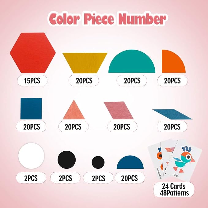 USATDD 180 Pcs Wooden Tangrams Pattern Blocks Set Geometric Manipulative Shape Puzzle Kindergarten Classic Educational Montessori Toys for Kids Toddlers Ages 4-8 with 24 Pcs Flash Cards - Image 3