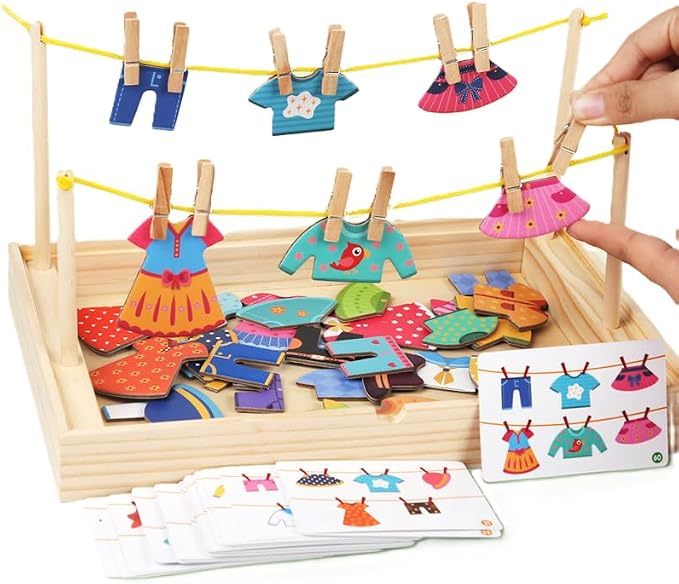 Montessori Practical Life Clothes Hanging Job, Laundry Activity Set with Rope Strings, Clothespins & Dress-Up Air Drying Game Airing Clothes for Toddlers Kids Ages 2-6, Classroom Educational Toy Gift by EduLandMontessori