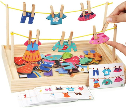 Montessori Practical Life Clothes Hanging Job, Laundry Activity Set with Rope Strings, Clothespins & Dress-Up Air Drying Game Airing Clothes for Toddlers Kids Ages 2-6, Classroom Educational Toy Gift by EduLandMontessori