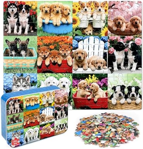 LELEMON Puzzles for Kids Ages 4-6,Cute Dogs 100 Piece Puzzles for Kids Ages 6-8 in a Metal Box,Educational Jigsaw Puzzles,Childrens 100 Piece Puzzle Games Puzzle Toys for Girls and Boys by LELEMON