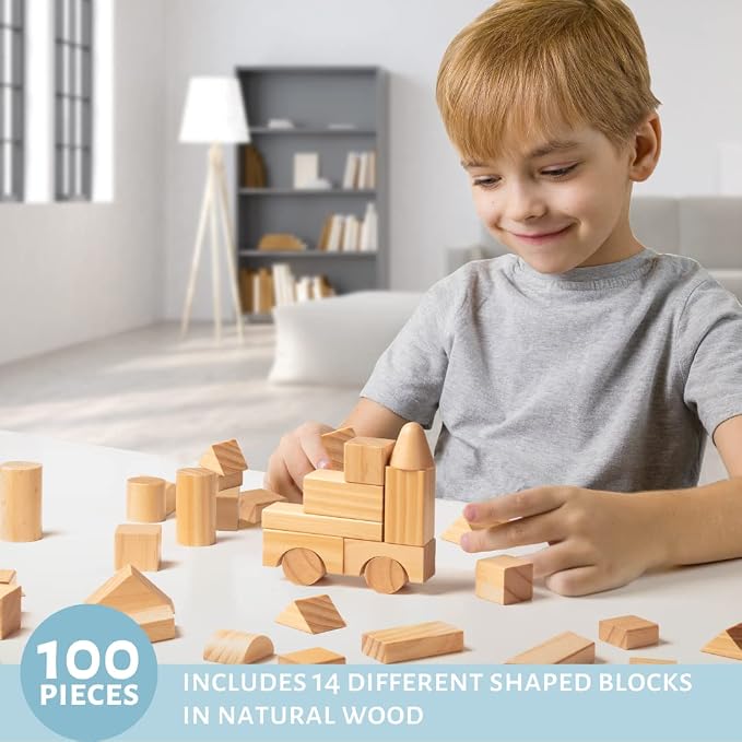 Wooden Blocks Set - 100 Pc Natural Colored Wood Building Block Toys- 100% Real Wood, 14 Different Shapes, Great Gift for Kids or School Project, Hands On Indoor Activity Play- Build, Stack and Create - Image 2