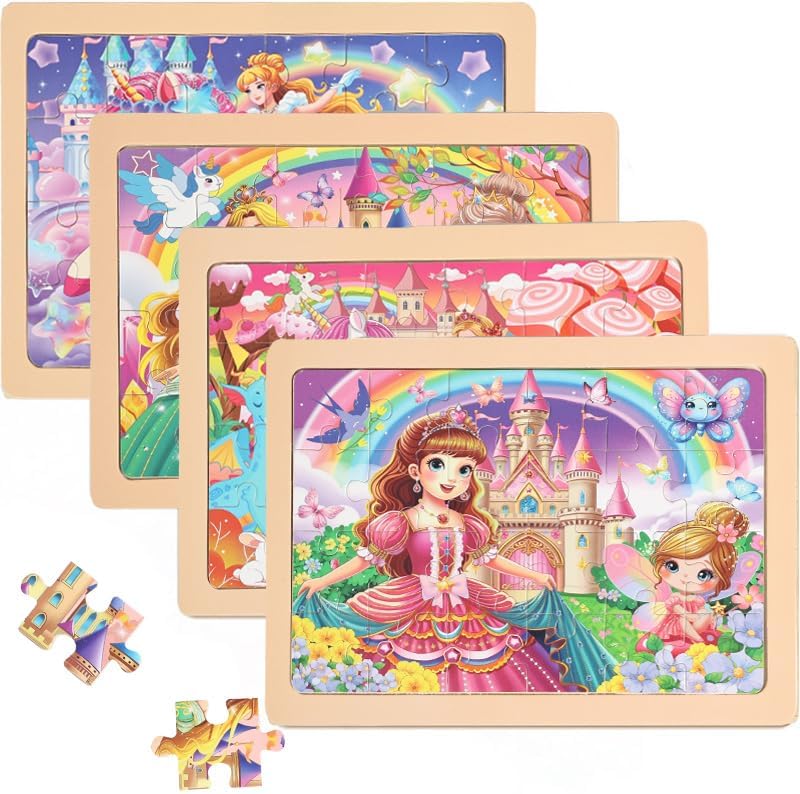 Wooden Puzzles Toys for Kids Ages 3-5, Set of 4 Packs with 24-Piece Unicorn Mermaid Princess Wood Jigsaw Puzzles, Preschool Educational Brain Teaser Toys for Girls 3 4 5 6 Years Old. by Unknown
