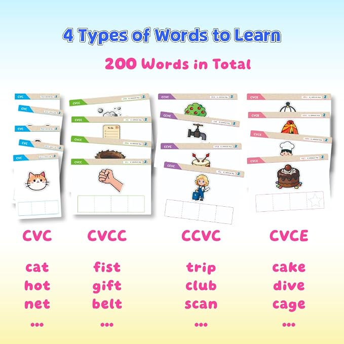CVC CVCC CVCE CCVC Word Building Activity Cards 100 Writing & Spelling Phonics Flash Cards with 200 Words Phonemic Awareness Classroom Must Have Sight Words Practice Kindergarten Homeschool Supplies - Image 5