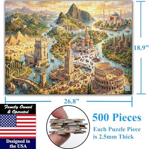 Think2Master World's Wonders 500 Pieces Large Format Jigsaw Puzzle: 13+, Teens, Adults & Families. Global Adventure to World’s Most Iconic Landmarks in an Imaginative Landscape. Size: 26.8” X 18.9” - Image 6